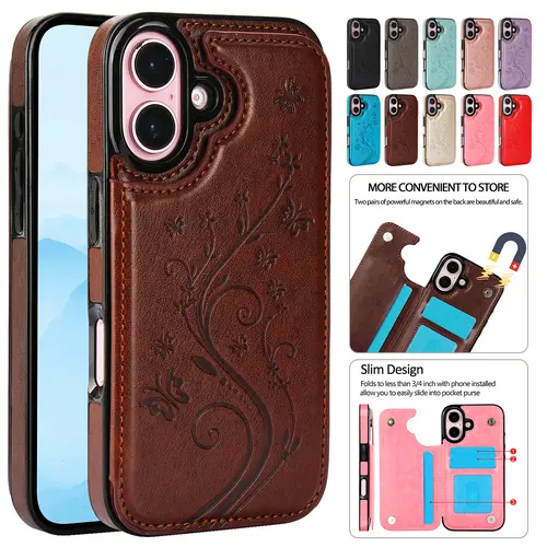 Butterfly Floral Wallet Case for iPhone 18 Pro Max, 17/16/15/14/13/12 Series, RFID Blocking PU Leather Folio Cover with 3 Card Slots, Magnetic Closure, Kickstand & Shockproof TPU Bumper