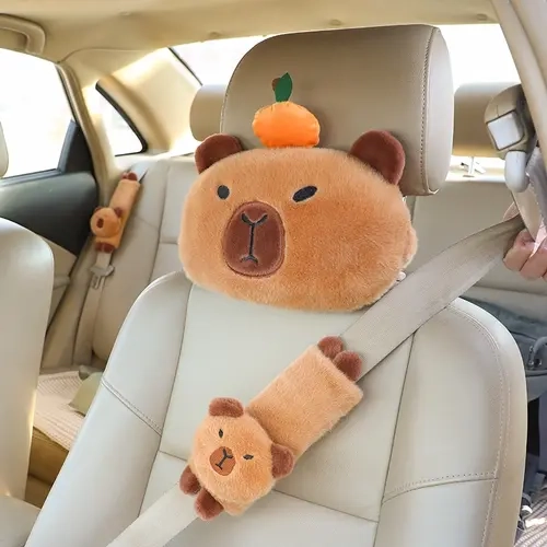 Capybara Headrest Plush Pillow Seat Belt Cover Cute Plush Capybara Safety Seatbelt Shoulder Cover Automotive Car Seats Accessories Perfect for Long Drives & Traveling