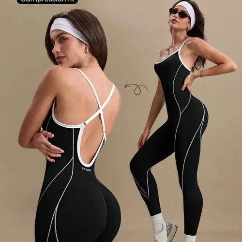 Women's Colorblock U Neck Adjustable Strap High Elastic Yoga Jumpsuit, High Compression Jumpsuit, Sporty Sleeveless Fitness, All Season Comfortable Wear