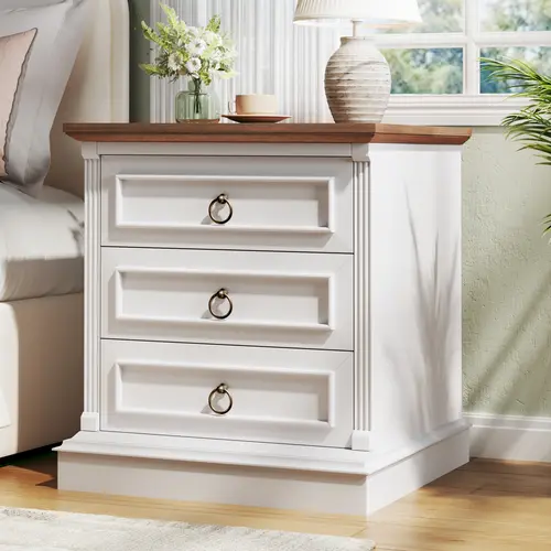 Farmhouse Nightstand with 3 Drawer, 22" Wide Side Table with Roman Columns, Bedside Table with Wireless Charging Station, Rustic Large End Table for Bedroom, White