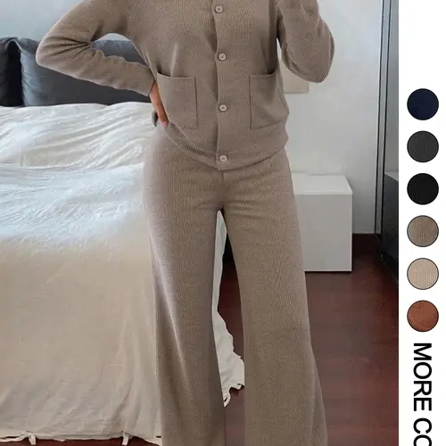 Women's Casual Comfortable Round Neck Long Sleeve Knit Sweater Set, High Waist Versatile Wide Leg Pants, Perfect for Daily Wear