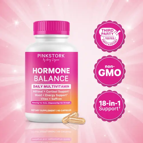 Pink Stork Hormone Balance Multivitamin for PMS + Perimenopause | 18-in-1 Daily Vitamin with Ashwagandha, Magnesium, Vitex, Saffron, Iron | Adrenal and Cortisol Support | Mood, Stress, Energy Support | Menopause, PMS and Period Relief