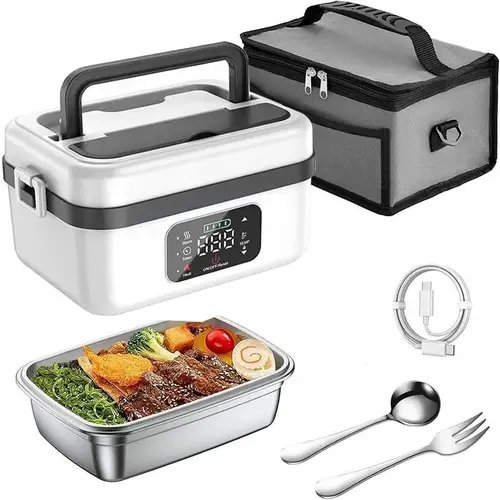 Cordless Rechargeable 2-Layer Heated Lunch Box Set - Portable Leak-Proof 304 Stainless Steel Insulated Container with Leak-Proof Seal, Nontoxic Silicone Tableware, Automatic Heating, Lid, Type-C Phone Charge for Office/Camping