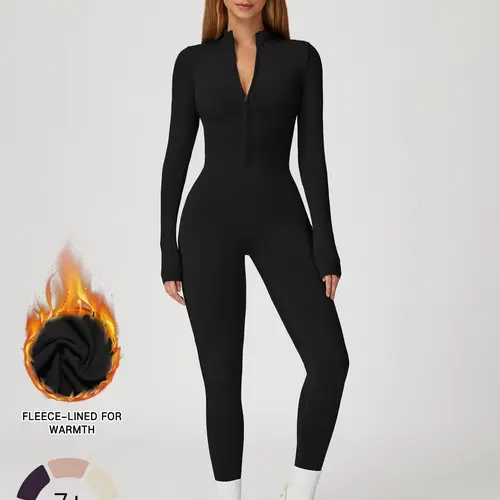 Women's Fall Winter Yoga Workout Jumpsuit, Tight-Fitting Fleece Lined One-Piece, Outdoor Warm Running Fitness Romper, Activewear Athletic Jumpsuit