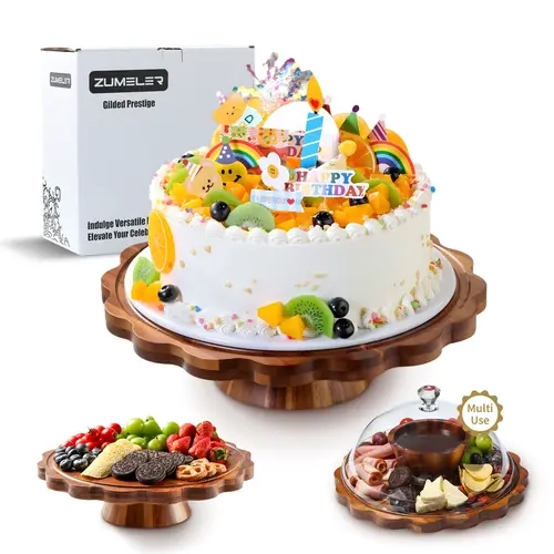 Zumeler Large Size Multi-Use Wooden 2-in-1 Dessert Set - Petal Edge Round Plate, Cake Cover Dome, Acrylic-Lidded Charcuterie Cutting Board for Pastry, Cheese, Fruit - Home & Party Supplies Bakeware