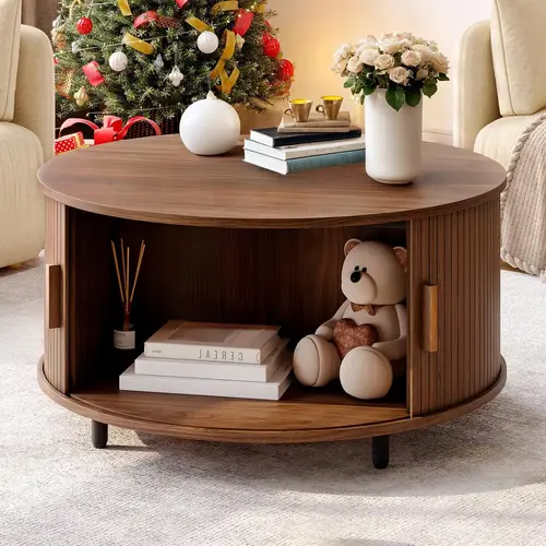 【DealsforYou】ONBRILL 31.5" Round Storage Coffee Table - Fluted Wood Modern Space Saving Furniture, Living Room/Bedroom Decor, 360° Curved Sliding Door, Adjustable Footpads, Assembly Required, Mother's Day Gift Option