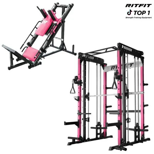 RITFIT M1 PRO Pink Stainless Steel Smith Machine Package, Unisex At-Home Strength Training Equipment with Cable Crossover, Pull-Up Bar, Adjustable Squat Rack, BLP01 Leg Press Machine (2in+ Leather Pad, 5-Angle Hack Squat), Workout Training Equipment