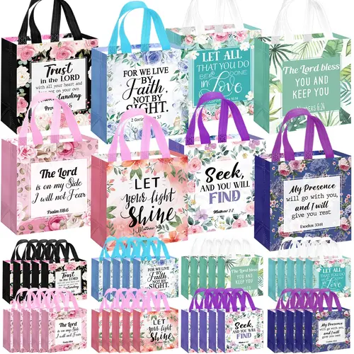 16/32/48Pcs Inspirational Bible Verse Gift Bags with Handle Reusable Non-Woven Christian Gift Bags for Men and Women Wedding Birthday Church Sunday School Baptism Gift Teacher Appreciation Gift Religious Party Favors
