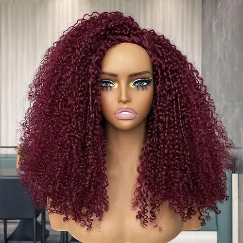 [WEAR GO HALF WIG] OQ HAIR 99J Burgundy Kinky Curly Half Wig 3-IN-1 Seamless Flip Over Wig Wear Go Invisible Hairline Glueless Human Hair Wigs Drawstring Beginner Friendly Colored Curly Wigs