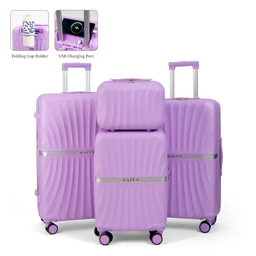 AAIVV 4-Piece Sturdy ABS Luggage Set - Lightweight Durable Travel Bundle, 20in Airline-Approved Carry On Luggage, TSA Lock, Cup Holder, USB Port, Zippered, 360° Silent Roll Anti-Wear Wheels, Adjustable Telescopic Handle, for Family International Travel