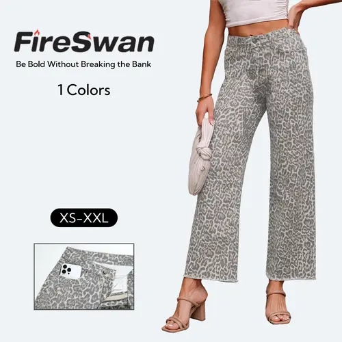 FireSwan Women’s High Waisted Fitted Leopard Print Straight Leg Ankle Jeans - 98% Cotton 2% Spandex Washed Denim Trouser with Pockets, Casual Comfy Trouser, Fall Streetwear Bottoms, XS Size Clothes, Women's Clothing