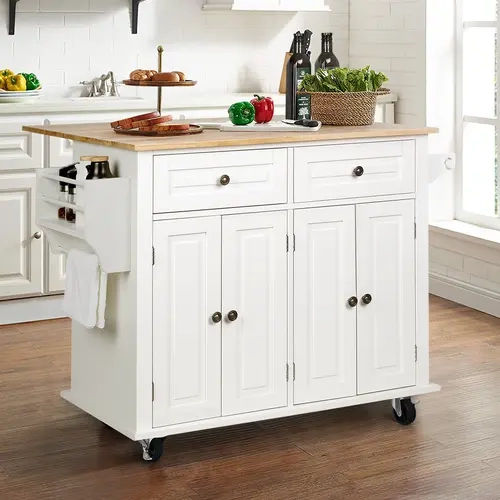 Kitchen Island with Drop Leaf, Bar Cart Cabinet Island Table on Wheels, Rolling Kitchen Cart with Drawers, Doors, Towel Rack for Dining Room