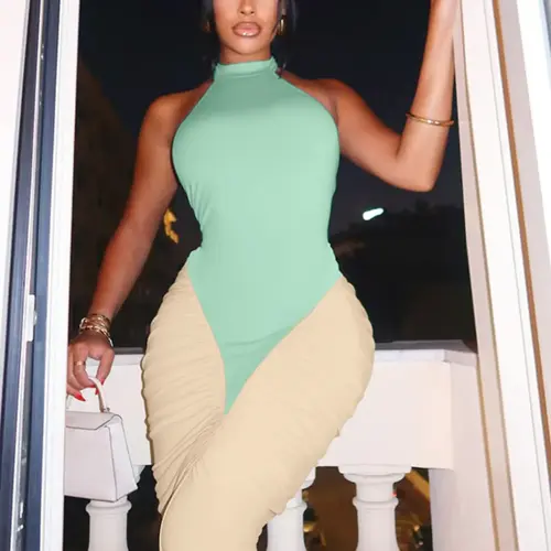 Women's Summer Sexy Party Evening Formal Wear, Halter Colorblock Backless Sleeveless Bodycon Long Dress, Womenswear