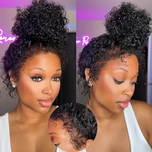 4c Edge Curly Wig Invisi Strap Snug Fit 360 Transparent Lace Frontal Bleached Knots Pre Cut Lace Wig With Drawstring 100% Human Hair Wig, 360 Seamless Part