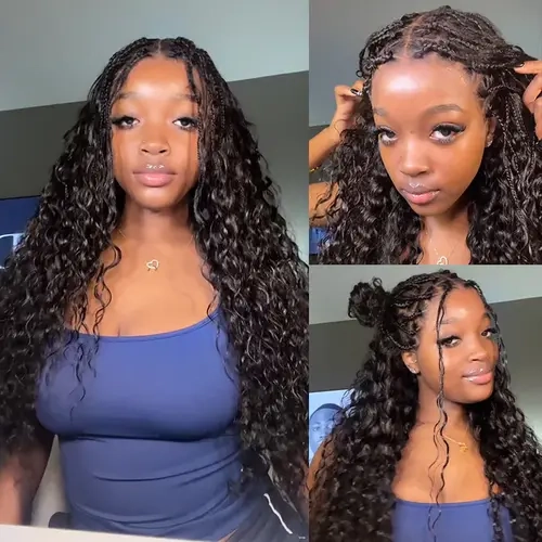 Pull Go Drawstring Cap 13x6 HD Full Lace Frontal Knotless Boho Curls Braided Wigs Human Hair Pre Cut Lace
