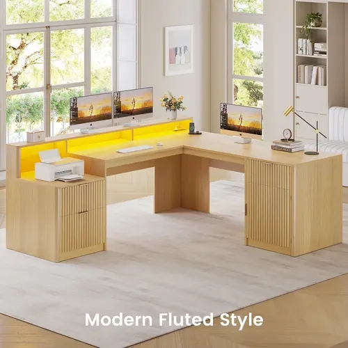 Sedeta 66-Inch Modern L-Shaped Engineered Wood Executive Desk - Built-In Power Outlets, Fluted Panels, 2 Drawer Sets, File Cabinet, Printer Shelf, Monitor Stand, LED Lights, Reinforced Panel for Home Office, Drawers Desks, Monitor Riser Desks, Modern Styl