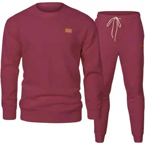KZZ Men's 2-Piece Classic Textured Tracksuit Set - High-Quality Jacquard Crewneck Long Sleeve Shirt & Joggers, Casual Workout Loungewear, Easy-Layering Activewear, Fall Winter Sportswear Christmas Gift