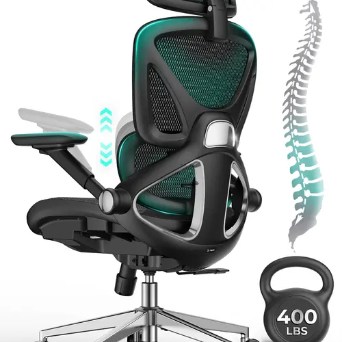 CAPOT Ergonomic Mesh Office Chair, Adjustable Lumbar High Back Desk Chair 400lbs, 4D Flip-up Arms, 3-Level Tilt Backrest, 3D Headrest, PU Wheels, Swivel Rolling Computer Chair for Long Desk Work