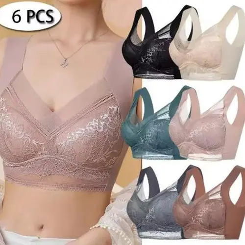 Women's 6-Pack Seamless Wirefree Bralettes - V-Neck Lace Trim Pullover Underwear for Women, 3/4 Coverage Racerback, Back Smoothing, Breathable Stretch Nylon, Fixed Straps, Athletic Lightly Lined for Wedding, Holiday Wear, Wirefree Bra