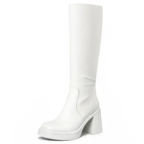 Women's PU Knee High Wide Calf Boots - Square Toe, Stable Block Heel, Platform Lift, Casual Chunky Gogo Boots with Full-Side Zipper, All Seasons, Evening Party Wear
