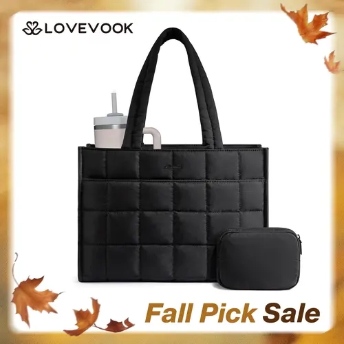 LOVEVOOK Tote Bag for Women, Puffer Work Handbag 15.6 Inch Laptop Purse for Nurse Teacher, Large Quilted Colorblock Travel Tote, Water Bottle Pocket, Comfortable Shoulder Handles, Stylish Commuter Purse TikTokFallDealsForYou