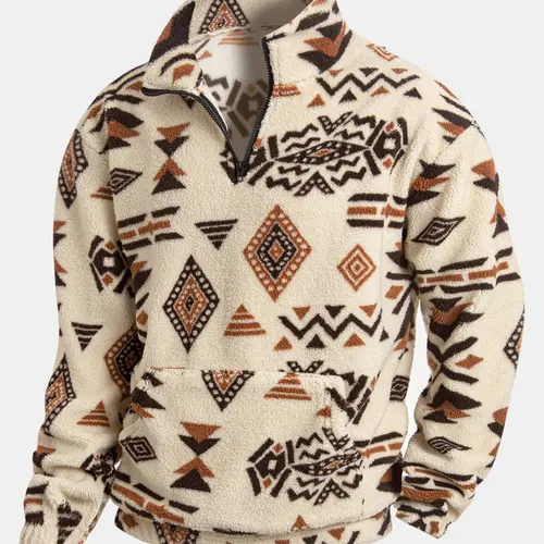 Men's Fleece Ethnic Geometric Print Half-Zip Pullover, Long Sleeve Fitted Top with Pocket, Casual Warm Sportswear for Autumn & Winter, Menswear