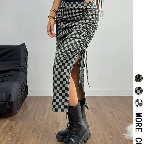Women's Plaid Adjustable Drawstring Waist, Casual Sporty Activewear Split Design, Slim Fit Half-Length Skirt for Daily Wear & Outdoor Activities, Slim Fitting Skirt, Sports Skirts, Bottom, Womenswear, Fashion Plaid Skirt