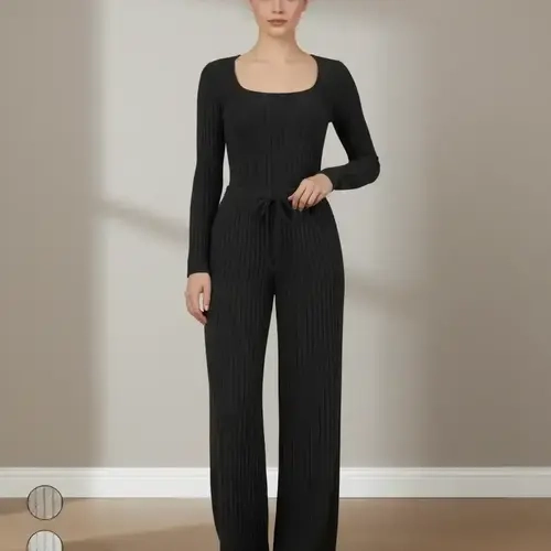 Women's Slim-Fit Solid Color Ribbed Fleece Bodysuit and Wide-Leg Pants Set, Fashionable Comfortable Fabric for Daily Wear