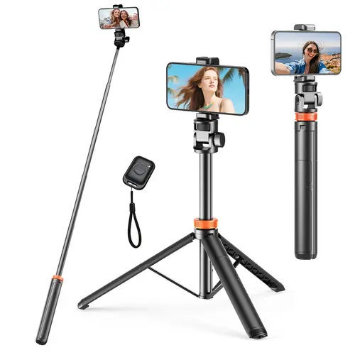 61" Upgraded Aluminium Smartphone Tripod with Wireless Remote - 18.5"-61" Stand Adjustable All-in-1 Compact Selfie Stick, Handheld Handle, Cellphone Mount, Monopod, 360° Head Rotate, 45° Angle Shots, Smartphone Camera Accessories for iPhone 13-17, Android
