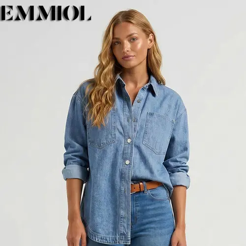 EMMIOL Women Oversized Denim Shirt Jacket Denim Shackets Long Sleeve Button Down Distressed Vintage Blue Jean Jacket Streetwear Summer Vibes Back to School Casual Basic SohoChic Womenswear