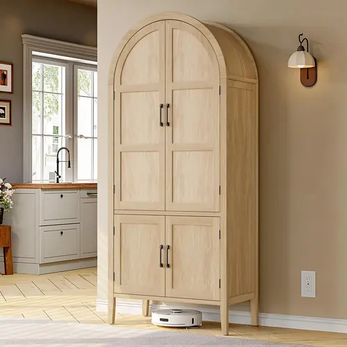 【FallDealsForYou】ONBRILL 71" Tall Wooden Arched Cabinet, 5-Tier Arched Kitchen Pantry Cabinet with Doors & Shelves, Farmhouse Kitchen Arch Cabinets with Adjustable Feet, Wooden Pantry Storage, Dining Room Furniture