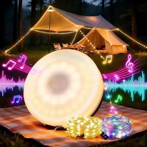 YOYOWAY 2-in-1 Music+Light Camping Bluetooth Speaker, Rhythm RGB Light with 7 Modes, Smart LED Light, 7m WiFi LED Strip, BT5.3 Stable Pairing, USB Type-C Charge, Smart Control, Included Batteries, Portable for Camping, Parties