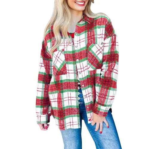 Asvivid Women's Christmas Plaid Flannel Shacket with Pockets Long Sleeve Button Down Casual Outerwear for Festive Style Womenswear Shirt Jacket Coats
