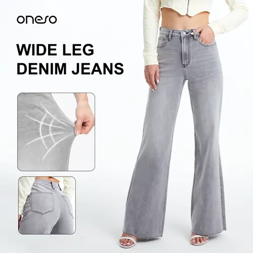 ONESO High Rise High Stretchy Wide Leg Jeans Raw Hem Denim Pants Womenswear Trouser