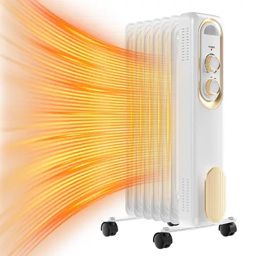 Portable Oil-Filled Electric Radiator Heater - Compact Basic Series Home Appliance with Radiator Fins, Temperature Control, White Design, Rotatable Head, Effective Heat Dissipation, Heat Insulating Feature, Convenient Mobility for Indoor Home Use