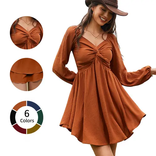 Chicovar Women's Fall Sweetheart Neckline Knot Front Flowy Mini Chiffon Dresses, Lantern Sleeve, A-Line Cut, No Scratchy, No Sheer, Westernfashion, Family Photos, Church, Party, Casual, or Daily Wear, Sohochic Long Sleeve Womenswear