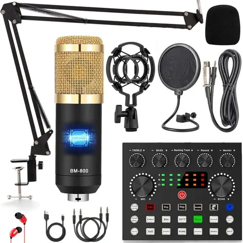 Safring Podcast Equipment Bundle, BM800 Podcast usb rechargeable Microphone Bundle with V8s Voice Change#r, Condenser Microphone Recording Studio Package for Podcasting Live Streaming Singing  TikTok YouTube dynamic mic sound card desk clamp  #Summervibes