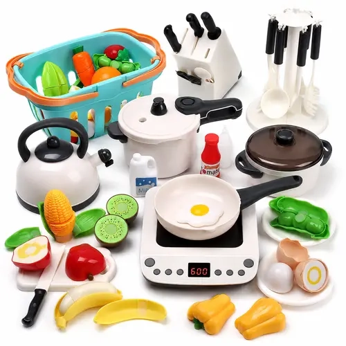 CUTE STONE Play Kitchen Set for 6-8 Years - ABS Plastic, BPA-Free, EN71 Certified Miniature Cooking Set, Multi Activity Playset with Toy Induction Cooktop, Steam Pot, Pressure Cooker, Frying Pan, Kids Cooking Utensils, Cutting Play Food, Shopping Basket