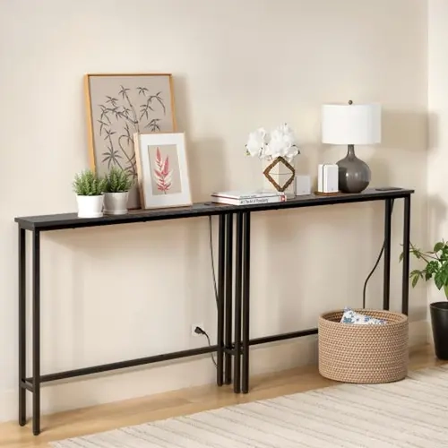 Ubesgoo Black Metal Narrow Console Sofa Table (1/2 Pack) - 39.4in, 21.6lb, Anti-tip Stability Indoor Furniture, Built-in Charging Hub with Power Outlets & USB Ports, 4.9ft Cord, Easy Set-up, Fits 5.9in Tight Gaps, Assembly Required for Small Spaces