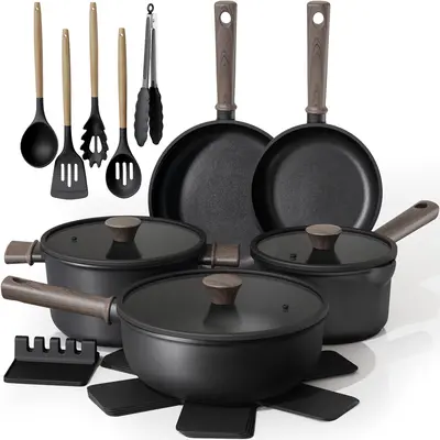 Astercook Special Offers 18-Piece Cookware Set Non-Stick Induction Compatible Pots & Pans with Elegant Wooden Handles Large Frying Pan Omelette Pan for Home Cooking
