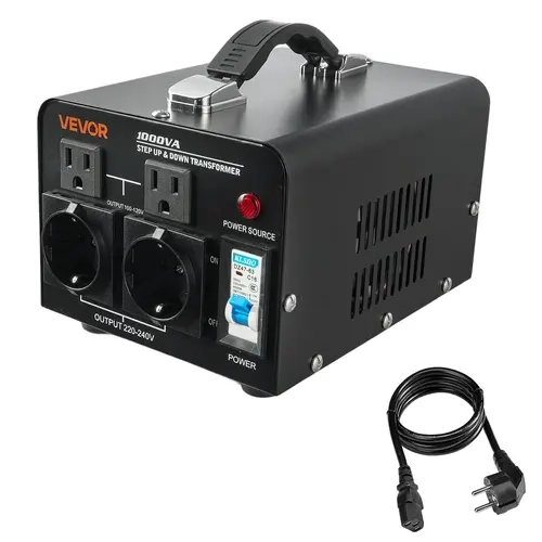 VEVOR 1000VA Heavy-Duty Toroidal Coil Step-Up/Down Voltage Transformer, 110V-220V AC Power Supply, 4 AC Outputs, US/EU Outlets, Included Cable, Compact Portable Transformer, Dual Protection, Quiet Operation, Home Use (Not for EV Charging)