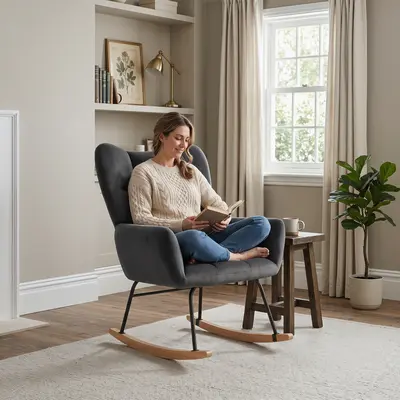 Rocking Chair Nursery, High Back Rocker with Thick Foam Cushions, Heavy Duty Anti-Tip Frame, Plush Fabric; White Pink Grey or Green summergarden