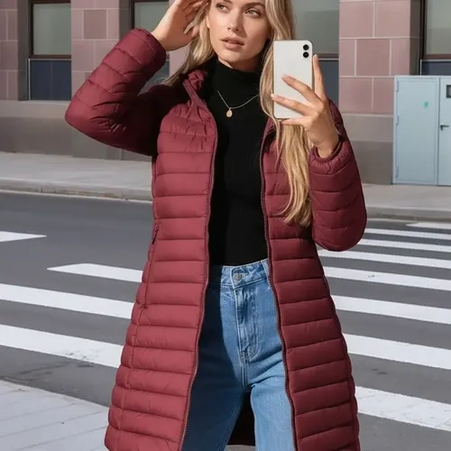 Women's Mid-Length puffer Hooded Fitted Long Sleeve Jacket with Zipper Pockets, Plain Woven Fabric Coat for Fall & Winter Everyday Commuting Womenswear Lady Casual Outdoor Outerwears
