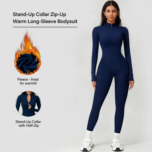 Women's Fleece-Lined Half-Zip Seamless Unitard - 80% Nylon 20% Elastane Flexes Stretch Skin-Friendly Smooth Soft Workout Activewear, Body-Hugging Long Sleeve Zipper Jumpsuit for Yoga, Unitard Fitness Gym