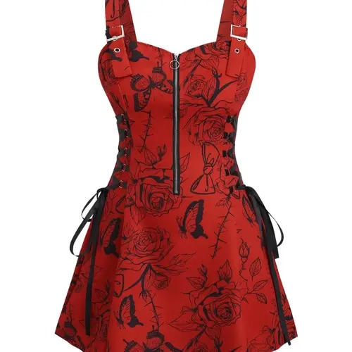 Women's Plus Size Halloween Skull Dress, Casual Chic Fitted Slim-fit Spaghetti Strap Zipper Dress, All Over Print Summer Fashion Style, Casual Fashionable Dress, Womenswear