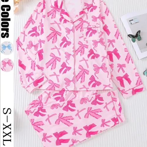 Women's 2-Piece Pajama Set, Bowknot Print, Holiday Party Sleepwear, Soft Shirt Collar Top & Elastic Pants, Casual Pyjama Set, Casual Home Wear