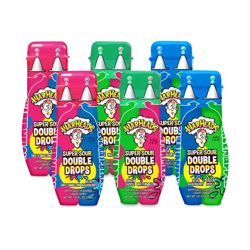 WARHEADS Super Sour Double Drops Artificially Flavored Liquid Candy - 6-Pack 1.01 fl oz Bottles, Assorted Packaged Snack Foods, Blue Raspberry-Watermelon Sour Sweet Fruity Flavor Explosion 1-Drop Novelty Extreme Snacks