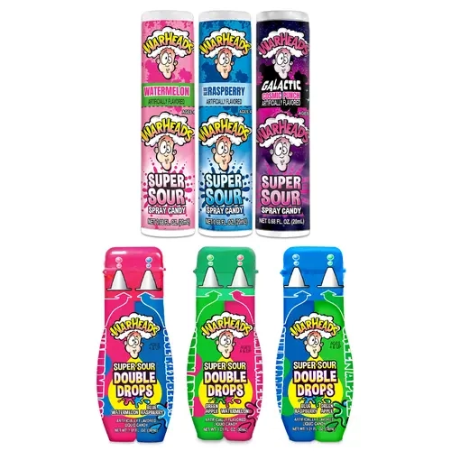 WARHEADS Super Sour Double Drops & Candy Spray Sampler 6-Pack Candies - 1.01 oz (30ml) Assorted Fruity Mix, Low Calories, Tangy Extreme Sour Kick, Nostalgic Shareable Pack Treat (1 Each: Blue Raspberry, Green, Watermelon)