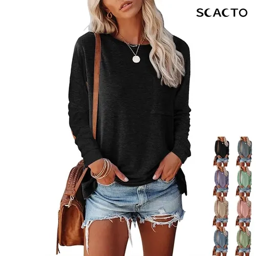 Scacto Women's Cotton-Polyester Long Sleeve Clothes, Round Neck Loose Fit Casual Basic T-Shirts with Pockets, Cozy Fleece Pullovers for Autumn Wear