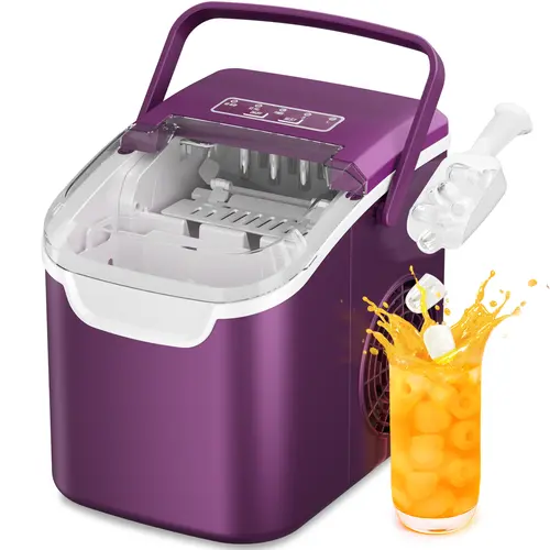 Electactic Purple Compact Plastic Corded Countertop Ice Maker - Portable with Handle, 26Lbs/24H Fast Ice Making, Self-Cleaning, 9 Cubes/6 Mins for Home Kitchen, Gathering, Boating